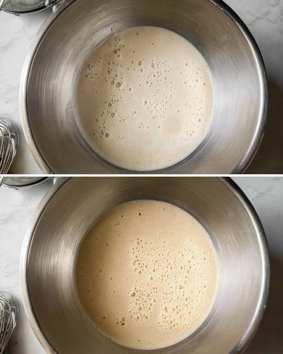 The image shows two side-by-side photos inside a large steel mixing bowl. Both photos capture a layer of pale beige frothy liquid with small bubbles on the surface, resting at the bottom center of the bowl. The first photo shows the bubbles spread unevenly with some empty spaces, while the second photo shows a more even, dense layer of bubbles covering the whole surface of the liquid. The bowl sits on a white marbled countertop, with parts of other kitchen utensils just visible at the edges. Photo taken with an iphone --ar 4:5 --v 7