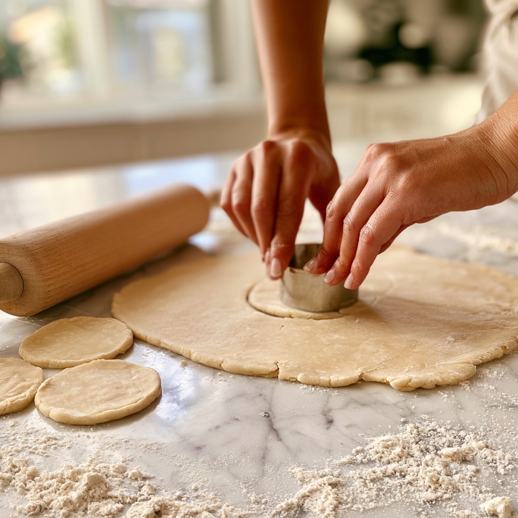 A close-up view shows a woman's hands with red nail polish using a small round metal cutter to cut circles from light beige dough rolled thin on a white marbled surface. One woman's hand presses down on the cutter, while the other holds a wooden rolling pin resting on the dough beside a few cut circles. Flour is scattered lightly around, adding texture to the white marbled background. The background shows a blurred kitchen setting with soft daylight coming from a window. photo taken with an iphone --ar 4:5 --v 7