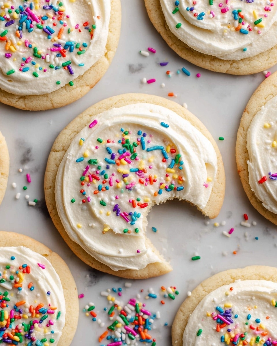 A close-up view of several round sugar cookies arranged on a white marbled surface. Each cookie has one thick layer of creamy white frosting spread on top with a slightly uneven texture. The frosting is decorated with small, bright, multicolored sprinkles scattered over the surface. One cookie near the center has a bite taken out of it, showing the soft, light beige inside of the cookie. Extra sprinkles are scattered loosely around the cookies on the white marbled surface. Photo taken with an iphone --ar 4:5 --v 7