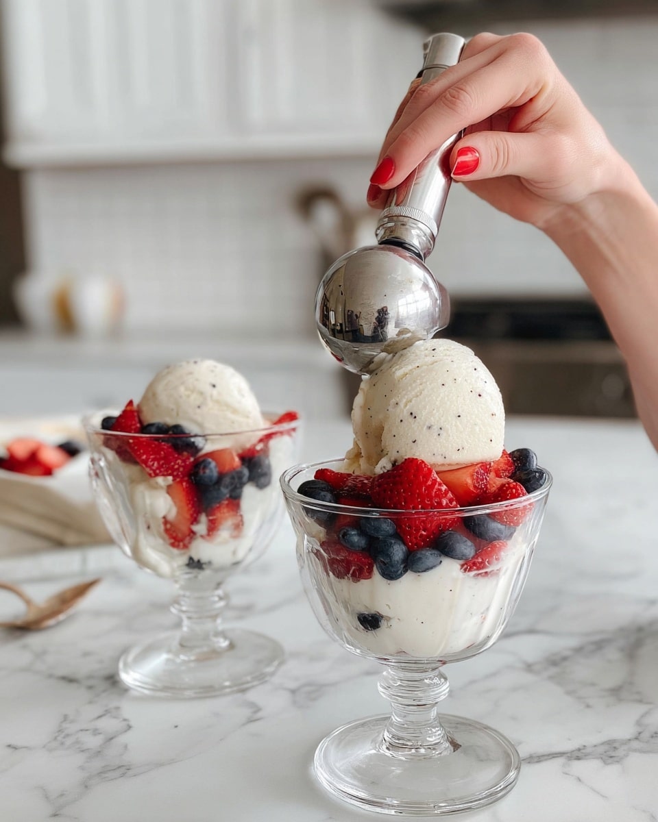 A clear glass dessert dish holds a layered strawberry parfait. The bottom layer is white whipped cream mixed with small pale yellow cake pieces. Above that is a layer of bright red sliced strawberries with a glossy texture. On top of the strawberries, there is more white whipped cream piled high with colorful sprinkles scattered all over and small crushed nuts sprinkled on it. A whole red strawberry is placed upright on the whipped cream at the top. The dish sits on a white marbled surface with a few scattered strawberries and sprinkles around it. Photo taken with an iphone --ar 4:5 --v 7