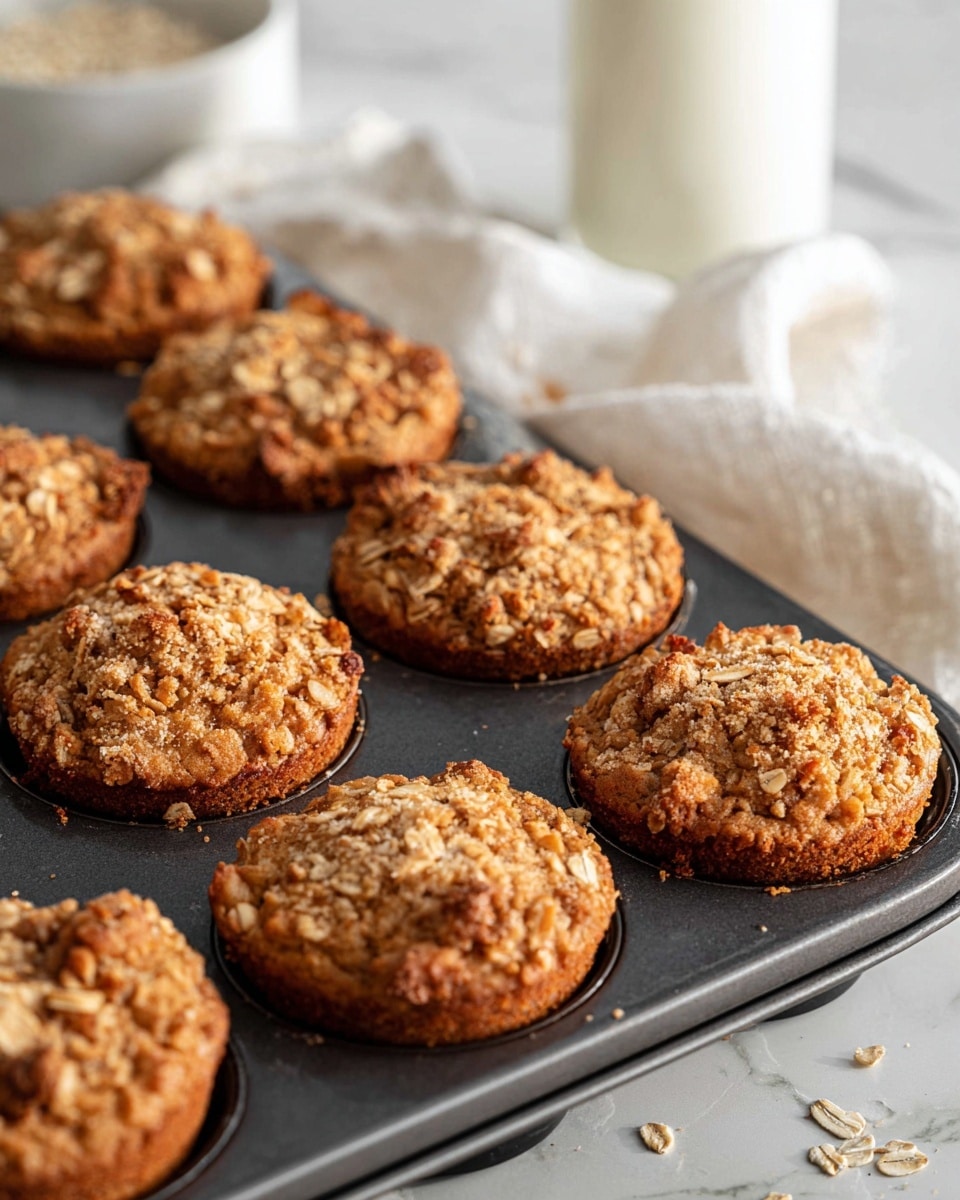 A stack of three golden brown muffins topped with a crumbly oat topping sits on a white plate with a few crumbs around it. To the left, there is a basket covered with a white cloth, filled with almonds. Behind the muffins, a clear glass bottle with a cork lid holds white milk, all set against a white marbled surface. The muffins have a textured, crisp top with oats and a slightly darker brown base in their paper liners. Photo taken with an iphone --ar 4:5 --v 7
