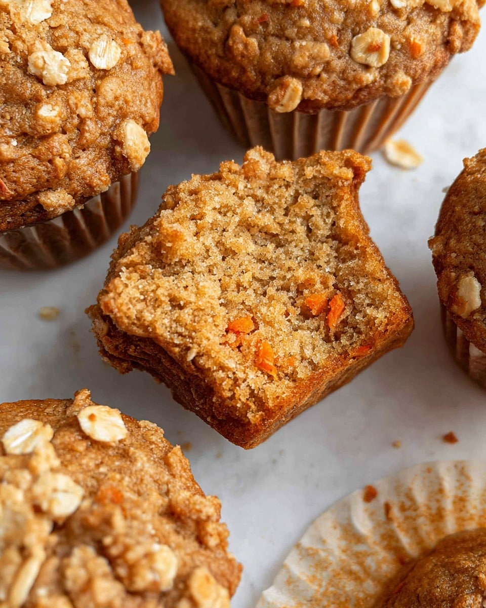 A close-up view of several muffins on a white marbled surface, with one muffin partially opened showing its soft, light brown inside textured with small pieces of orange carrot. The muffin tops are rough with a golden-brown color and sprinkled with oats that add a crunchy pattern over the surface. Some muffins have smooth sides with visible baking paper wrapping them. Small crumbs are scattered around the muffins, giving a fresh baked look. photo taken with an iphone --ar 4:5 --v 7