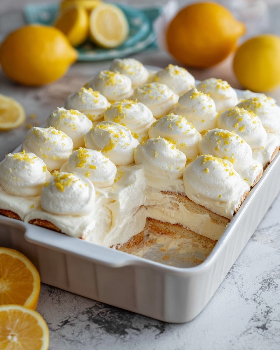 The image shows two square slices of a white layered cake on white plates with a white marbled table surface. Each cake slice has three visible layers: a light yellow sponge cake base, a thin middle cream layer, and a thick white frosting layer on top. The frosting is decorated with round dollops of fluffy white cream, topped with small yellow-orange zest sprinkles. Each plate has a fork, one with a piece taken from the cake, and there are two small cups with golden-yellow liquid in the background along with a matching teapot, all placed on the white marbled surface. Photo taken with an iphone --ar 4:5 --v 7