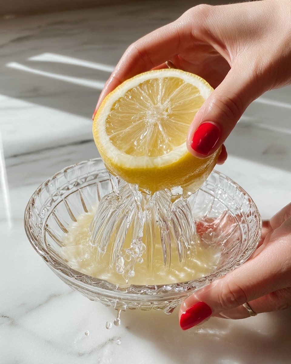 A close-up image shows a woman's hand with red nail polish pressing a bright yellow lemon half on top of a clear glass juicer, releasing fresh lemon juice. The juicer has pointed glass ridges in the center where the lemon is pressed, collecting translucent juice in a shallow white bowl below. Another woman's hand holds the side of the juicer steady on a smooth white marbled countertop. Droplets of juice are visible splashing around the edges, and soft natural light brightens the scene. photo taken with an iphone --ar 4:5 --v 7