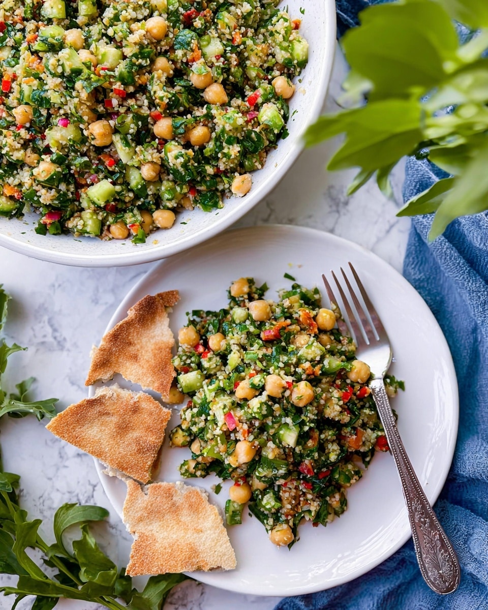 A bowl filled with a colorful quinoa salad showing many small layers of ingredients mixed together: small white quinoa seeds, bright green chopped cucumbers, light yellow chickpeas, finely chopped dark green herbs, and small red tomato pieces. The salad looks fresh and moist with a slightly coarse texture. The bowl is white and placed on a white marbled surface with some fresh parsley and a cut lemon next to it. A metal spoon rests inside the bowl. photo taken with an iphone --ar 4:5 --v 7