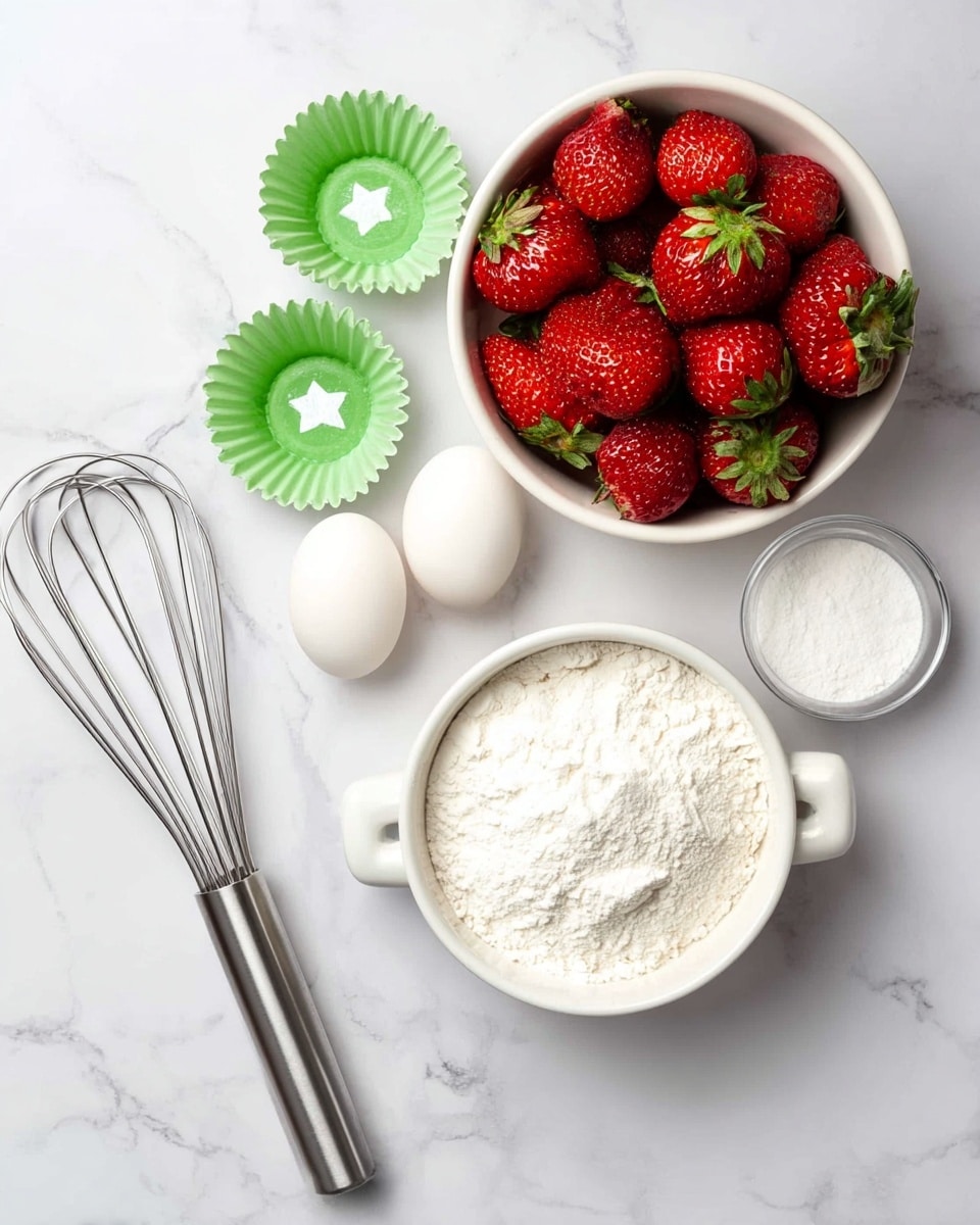 The image shows several golden brown muffins with visible cracks and pieces of red strawberries baked into the surface, giving a textured and slightly rough look. Each muffin is wrapped in a white paper liner with a ridged edge. The muffins are placed on a white marbled surface scattered with fresh, halved strawberries showing their bright red interior and green tops. The overall scene has a warm and inviting feel. photo taken with an iphone --ar 4:5 --v 7