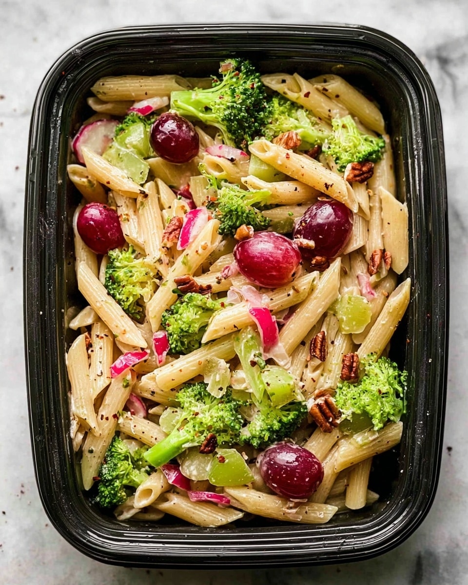 A bowl filled with penne pasta mixed with small broccoli florets, halved red grapes, chopped cucumber, and pecans. The ingredients are sprinkled with a crumbly white cheese and black pepper. The bowl is white with dark speckles and has a wooden and gold spoon inside, resting against the side. The background is a white marbled texture. photo taken with an iphone --ar 4:5 --v 7