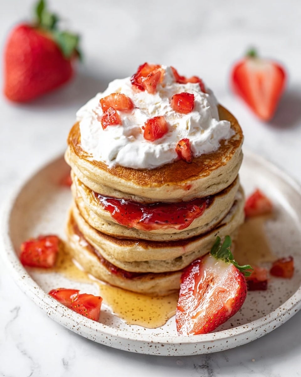 A stack of four thick, golden-brown pancakes sits at the center of a white speckled plate. On top, there is a generous dollop of white whipped cream with small red strawberry pieces scattered over it. Between the layers of pancakes, a shiny red strawberry jam peeks through. Around the plate, small chunks of fresh strawberries and light amber syrup are scattered. A halved strawberry with green leaves rests on the side of the plate. The whole scene is set on a white marbled surface. Photo taken with an iphone --ar 4:5 --v 7