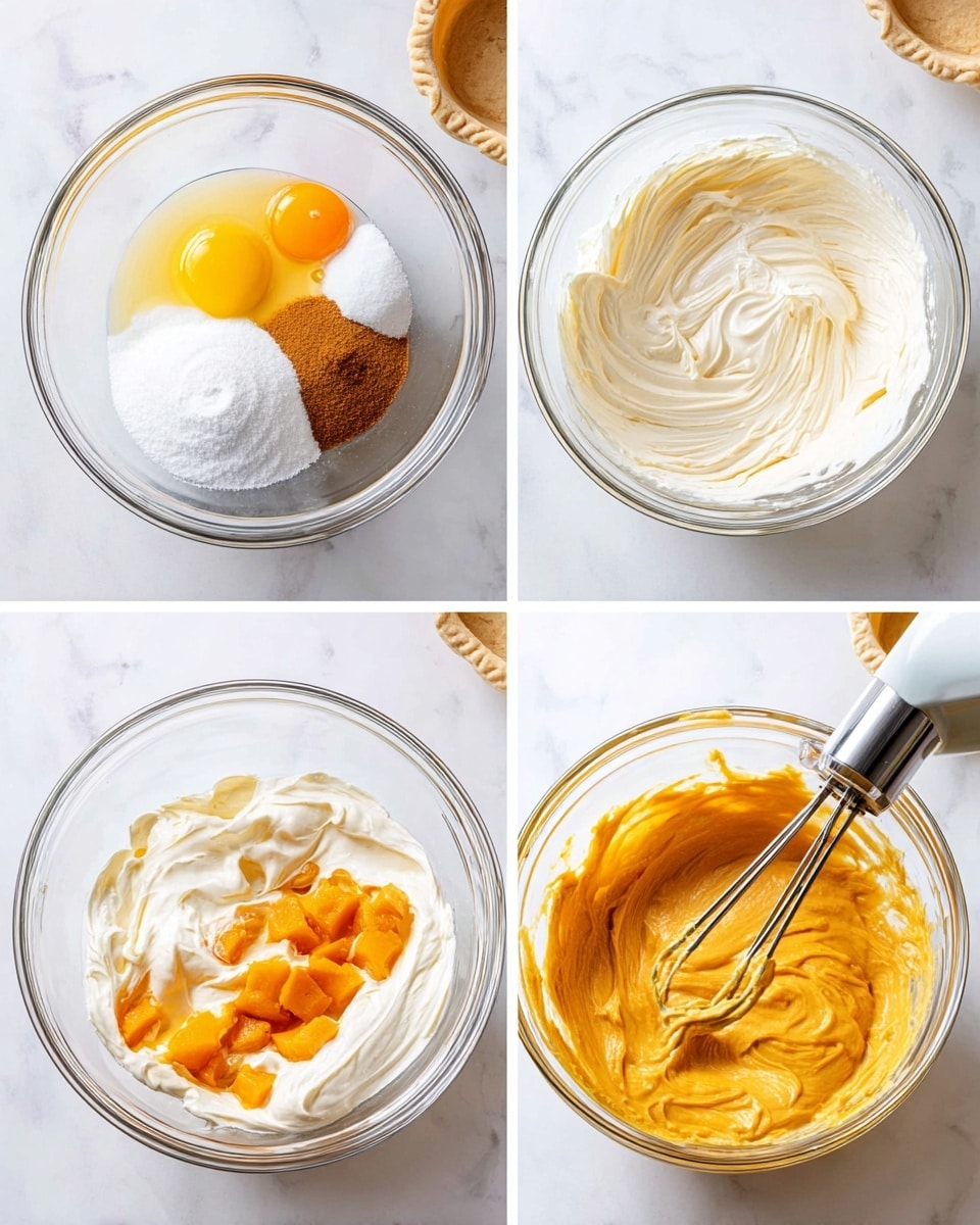 A set of four images shows the stages of making a creamy chicken mixture. The first image displays a clear glass bowl with a thick, creamy white sauce mixed with herbs, where a spoon is resting on the side inside the bowl. The second image reveals the same bowl now filled with an orange-colored creamy sauce with visible texture, also with the spoon inside. The third image shows shredded light brown chicken on a white plate, with a woman's hands using two forks to pull the chicken apart. The last image is a white square ceramic dish filled with the orange creamy mixture combined with shredded chicken, spreading evenly across the dish surface with a slightly rough texture. All images sit on a white marbled surface with a corner of a blue cloth visible in the first two frames. photo taken with an iphone --ar 4:5 --v 7