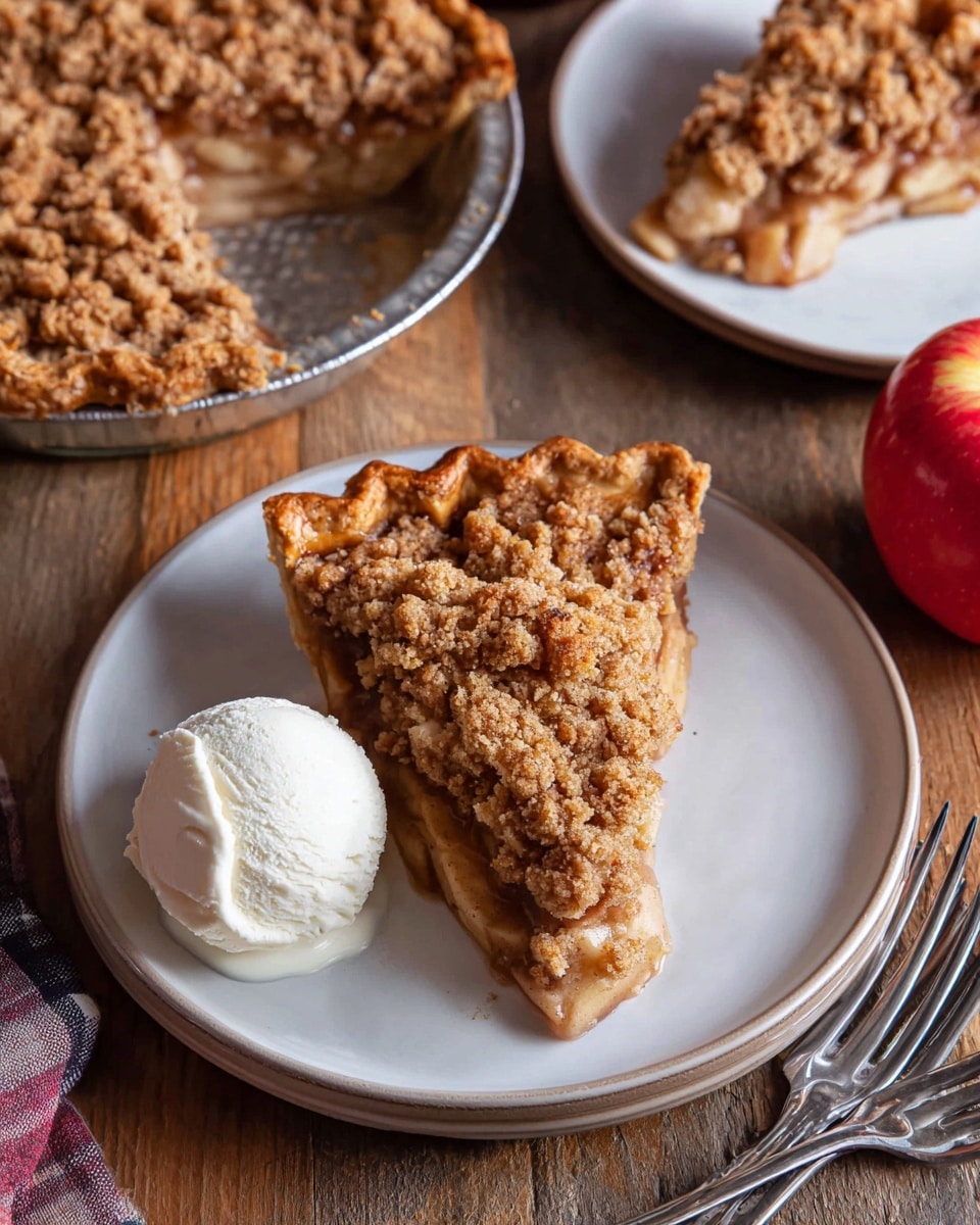 A slice of apple pie with three visible layers sits on a white plate with a scoop of creamy vanilla ice cream beside it. The bottom layer shows a light golden crust holding a thick filling of soft apple slices in a pale amber color. Above, there is a crumbly topping layer with small, uneven golden brown streusel pieces. The pie has a wavy crust edge, and in the blurred background, a white pie dish with more pie and whole apples are visible on a white marbled surface. Photo taken with an iphone --ar 4:5 --v 7