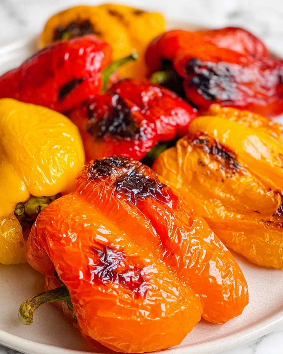 A tray lined with white parchment paper holds many roasted bell pepper pieces in three different colors: orange, red, and yellow. The peppers are soft and slightly wrinkled with charred black spots scattered on each piece, giving them a roasted look. The pieces are irregular in shape and layered over each other, filling the tray closely. The tray edges are wooden with metal handles. The scene is set against a white marbled surface with some green leafy plant blurred in the corner. photo taken with an iphone --ar 4:5 --v 7