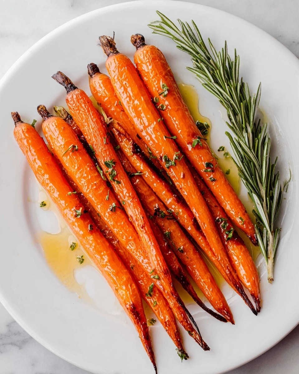 A white plate with nine roasted carrots arranged side by side in a slight fanned pattern, each carrot showing a shiny, slightly charred orange skin with small green herb bits, likely rosemary, scattered on and around them. A fresh sprig of rosemary lies on top of the carrots, adding a bright green contrast to the orange. There is a small amount of light oil or glaze around the carrots on the white plate. The plate is placed on a white marbled surface photo taken with an iphone --ar 4:5 --v 7