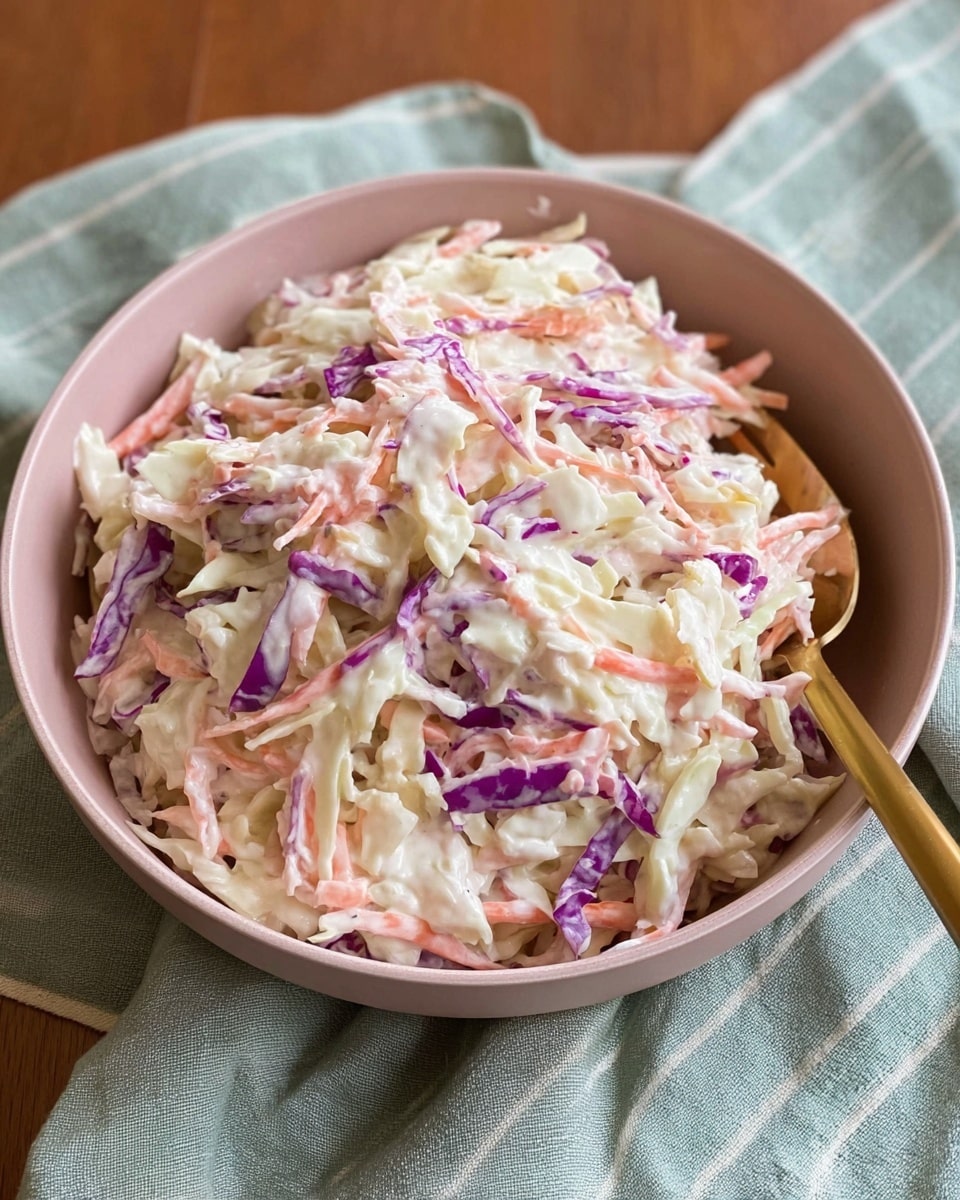 A bowl of coleslaw is shown in close-up, with three clear layers of finely shredded vegetables mixed with creamy dressing; the bottom layer has white cabbage, the middle layer has orange carrot strips, and the top layer has purple cabbage pieces all mixed evenly together creating a colorful and creamy texture. The coleslaw is served in a white bowl with a thin brown rim, sitting on a brown wooden table with a soft cream cloth casually placed in the blurred background, all set against a white marbled texture. Photo taken with an iphone --ar 4:5 --v 7