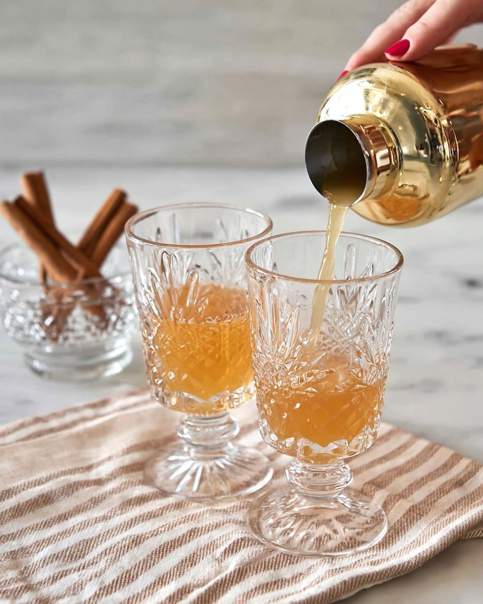 A clear glass shaker with a golden metal top is pouring a light amber-colored drink into one of two tall, clear, elaborately patterned glass goblets with thick bases and starburst designs. Both glasses sit on a beige and white striped cloth placed on a white marbled surface. Behind the glasses, there is a clear glass bowl containing three cinnamon sticks. A woman's hand with red nail polish holds and tilts the shaker to pour the liquid. Photo taken with an iphone --ar 4:5 --v 7