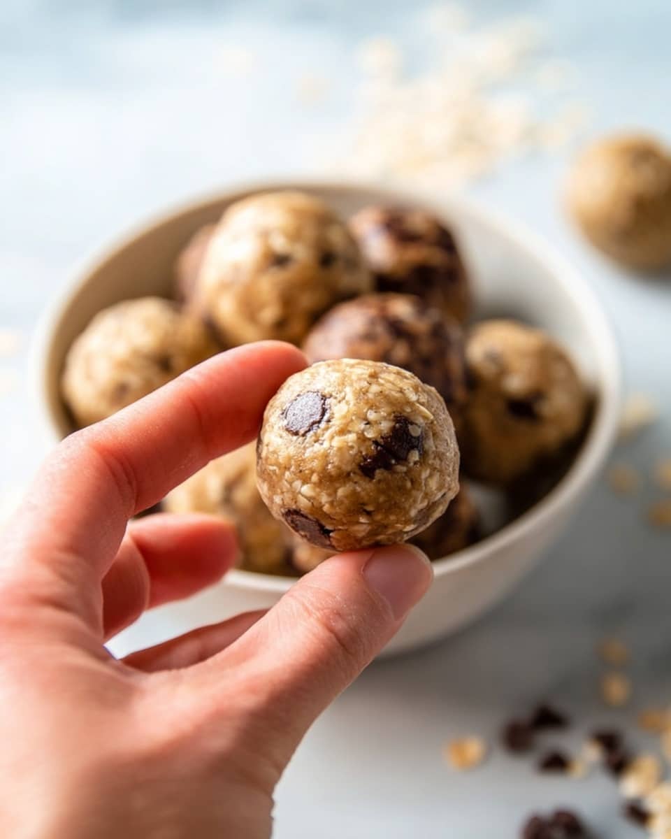 A white bowl filled with round energy bites, showing two main colors: light beige and dark brown. The light beige bites have visible oat flakes and some dark chocolate chips on their surface, giving a textured and slightly chunky look. The dark brown bites are smoother but still show some oat pieces and chocolate chips. Outside the bowl, a few energy bites are scattered on a white marbled surface, with some oat flakes and chocolate chips also visible around the bowl. The photo taken with an iphone --ar 4:5 --v 7
