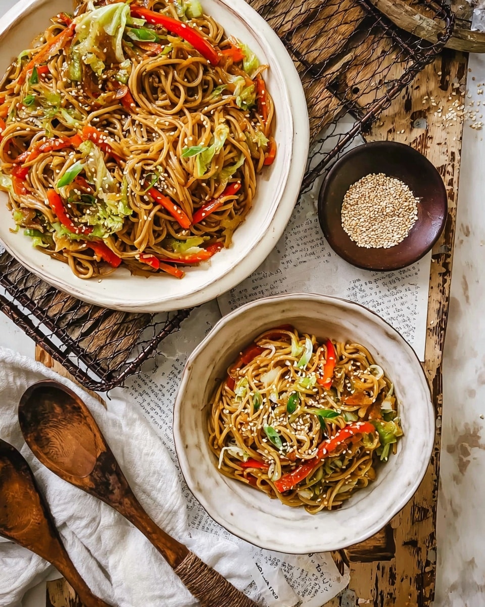 A wooden bowl filled with a noodle dish sits on a white marbled surface with a black wire rack underneath. The dish has three main layers: the bottom layer is light yellow noodles, the middle layer is a mix of thin orange carrot strips and red bell pepper strips, and the top layer has light green cabbage pieces and sesame seeds sprinkled over it. There are bits of chopped green onions spread throughout for a fresh look. A wooden spoon rests nearby, adding to the rustic feel. photo taken with an iphone --ar 4:5 --v 7