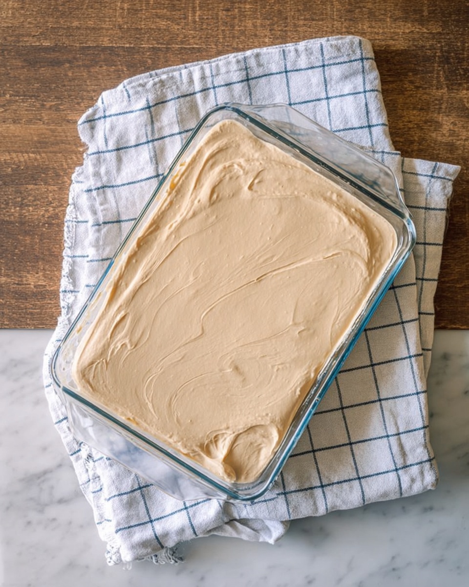 The image shows a slice of tiramisu in a clear glass dish placed on a white marbled surface. The tiramisu has three layers of soft, light brown sponge soaked in coffee or syrup, alternating with two layers of creamy beige mascarpone filling. The top layer is a thick, smooth cream dusted lightly with cocoa powder. The visible layers reveal textured sponges with darker spots where the syrup soaked in, and the creamy layers look soft and fluffy. The edges of the tiramisu inside the glass dish are clean, highlighting the clear contrast between the layers. Photo taken with an iphone --ar 4:5 --v 7