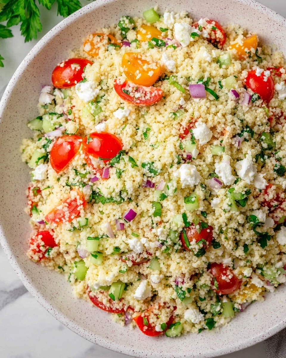 A close-up view of a white speckled bowl filled with a colorful couscous salad. The salad has a base layer of light yellow couscous grains mixed with small pieces of bright green chopped herbs, diced celery, and small chunks of white feta cheese. Scattered throughout are vibrant red halved cherry tomatoes and small bits of finely chopped purple onion, adding pops of color and texture to the dish. The bowl is placed on a white marbled surface with some green leaves visible in the background photo taken with an iphone --ar 4:5 --v 7