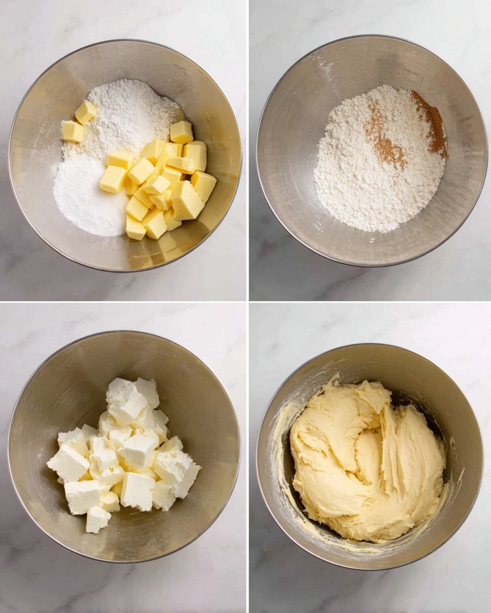 Two side-by-side images show the process of mixing dough in a silver metal bowl on a white marbled surface. The left image displays separate ingredients in the bowl: small yellow cubes of butter, a heap of white powdered sugar, a lump of white cream, and some flour with a pinch of light brown powder all placed in groups. The right image shows the same metal bowl now containing smooth, pale yellow dough mixed evenly together, with some dough sticking slightly to the sides of the bowl. Photo taken with an iphone --ar 4:5 --v 7