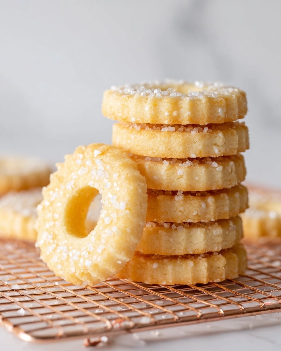 The image shows round ring-shaped cookies with scalloped edges, each topped with large white sugar crystals scattered unevenly on their golden-yellow surface. The cookies are arranged closely together on a white marbled background, with their smooth, slightly shiny texture visible and soft shadows beneath each one. The focus is on the top view of these single-layer cookies, capturing their light, crispy look. photo taken with an iphone --ar 4:5 --v 7