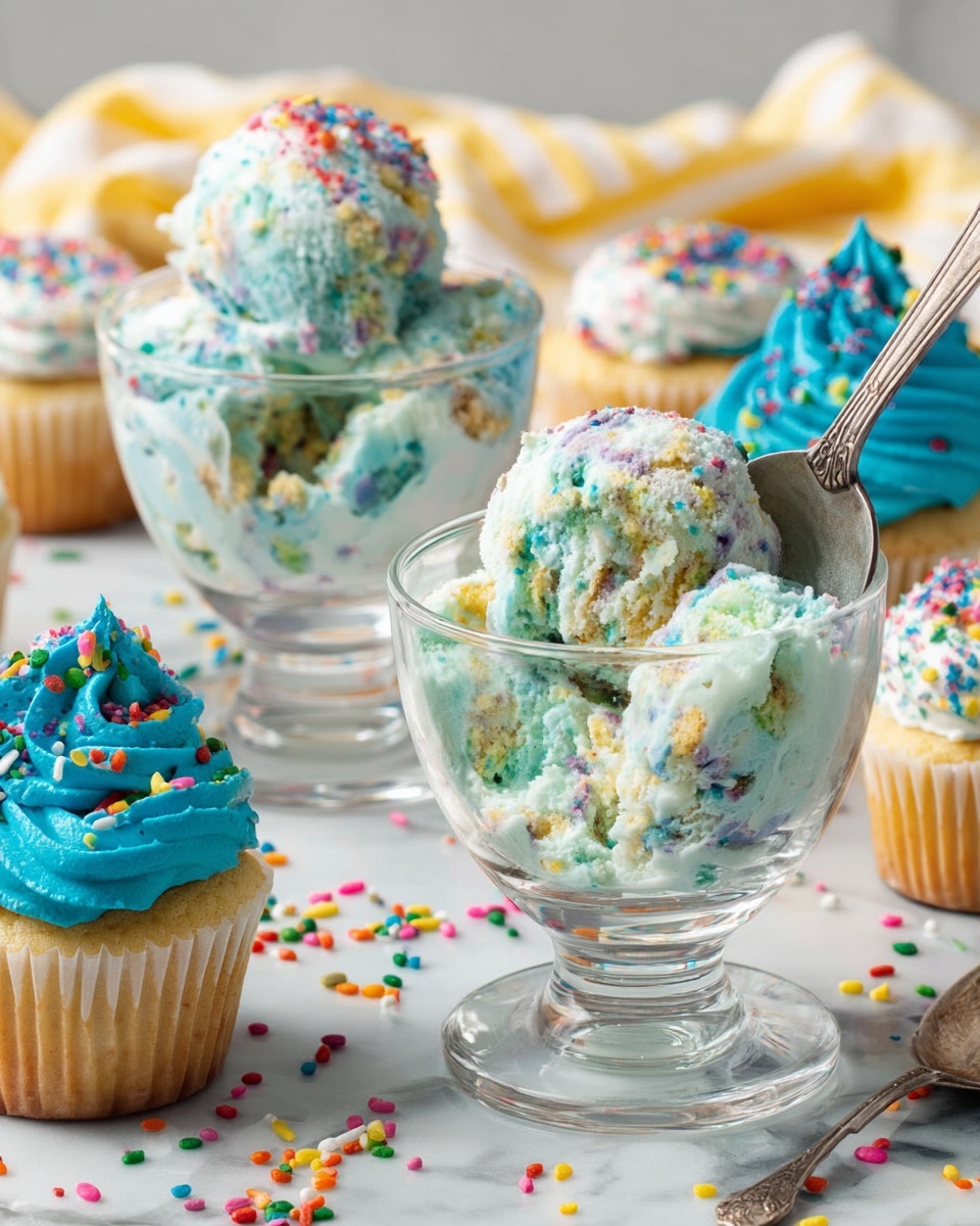 Two clear glass dessert cups hold scoops of light blue and white ice cream mixed with colorful sprinkles. One cup has a metal spoon inside, scooping the textured ice cream filled with small bits of cake and rainbow sprinkles. Surrounding the cups are several cupcakes with white bases spotted with colorful bits and topped with bright blue swirled frosting decorated with the same colorful sprinkles. The desserts sit on a white marbled surface scattered with rainbow sprinkles. A yellow and white striped cloth is blurred in the background. photo taken with an iphone --ar 4:5 --v 7