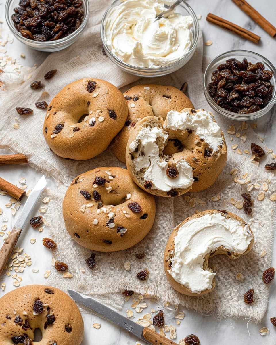 The image shows six round raisin bagels with a light brown color and soft texture, some with raisins visible inside and on top. Two of the bagels are open-faced, each spread thickly with a creamy, white layer of cream cheese. One bagel piece is broken in half, showing the cream cheese inside. Nearby, there is a clear glass bowl full of cream cheese with a knife resting on top. Another glass bowl is full of dark brown raisins. The scene is set on a white marbled surface covered partly by beige textured cloth and a white linen with scattered raisins, whole almonds, cinnamon sticks, and some oatmeal flakes. photo taken with an iphone --ar 4:5 --v 7