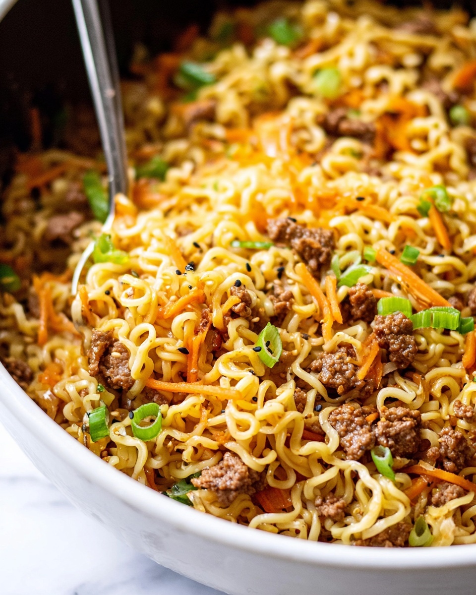 A black slow cooker is filled with three main layers: the bottom layer is light brown cooked ground meat, the middle layer consists of thin orange shredded carrots, and the top layer is light yellow cooked ramen noodles mixed with both meat and carrots. The dish is garnished with fresh bright green sliced scallions and small black sesame seeds scattered on top. A silver serving spoon is partly inserted into the noodles on the left side. The slow cooker is placed on a white marbled surface with small dishes nearby containing sliced scallions, a red sauce, and a mix of black and white sesame seeds. photo taken with an iphone --ar 4:5 --v 7