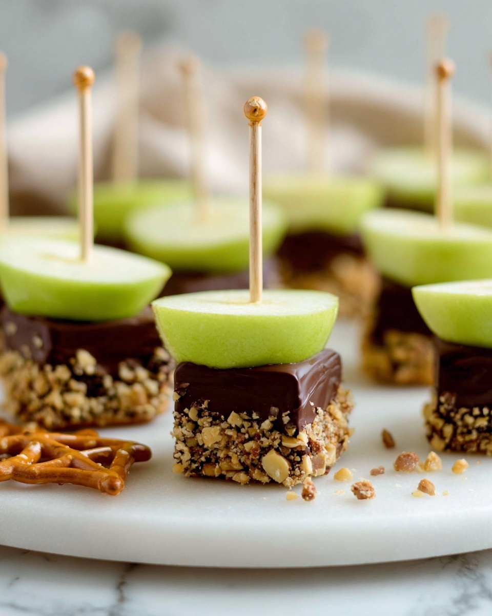 The image shows small snacks made of three layers stacked vertically: a bottom layer of a small golden brown pretzel with a grid pattern, a middle thick layer of dark chocolate with crushed nuts on its sides, and a top layer of a bright green apple cube with a smooth skin. Each snack is held together with a thin wooden toothpick stuck straight down the center, standing upright. These snacks are placed on a white marbled surface with some loose chocolate pieces and slices of green apple nearby. The lighting is warm and soft, emphasizing the shiny texture of the green apple and the rough texture of the nuts on the chocolate sides. photo taken with an iphone --ar 4:5 --v 7
