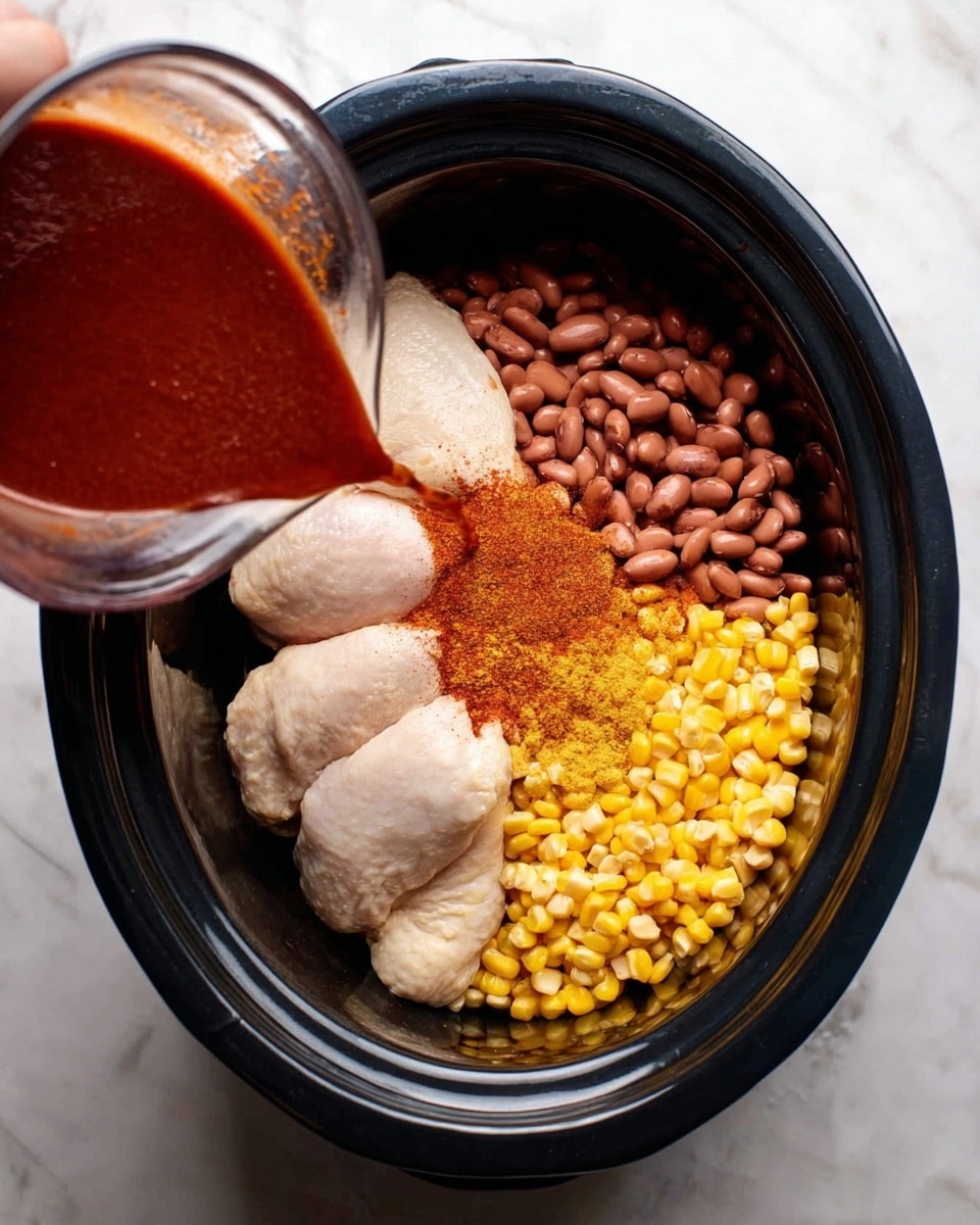 The image shows a black slow cooker filled with raw ingredients arranged in separate sections: two smooth, pale raw chicken pieces on the upper left, a pile of small brown beans on the right, bright yellow corn kernels at the bottom left, and a mix of reddish spices including paprika and salt sprinkled over the chicken and beans. A woman's hand holds a glass measuring cup off to the side, pouring a thick, deep red sauce into the slow cooker. The slow cooker sits on a white marbled surface. photo taken with an iphone --ar 4:5 --v 7