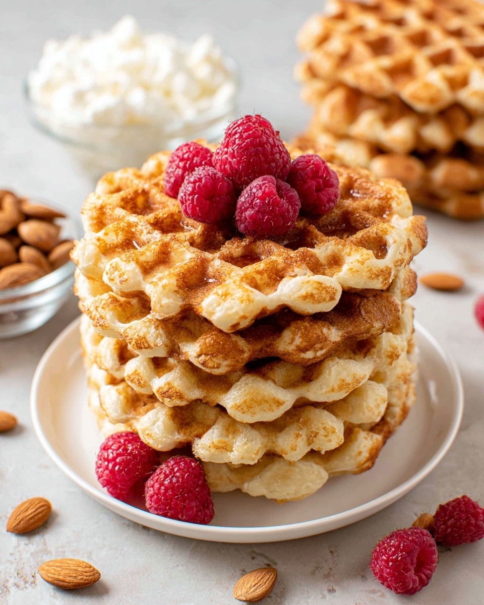 A stack of five golden brown waffles sits in the center of a white round plate, with six bright red raspberries placed on top and a few scattered at the base. The waffles have a crisp texture with visible grid patterns and a slight variation in browning. Behind the plate, there are more waffles piled together and a clear glass bowl filled with white cottage cheese. Almonds are scattered casually around the plate on a white marbled texture surface. photo taken with an iphone --ar 4:5 --v 7