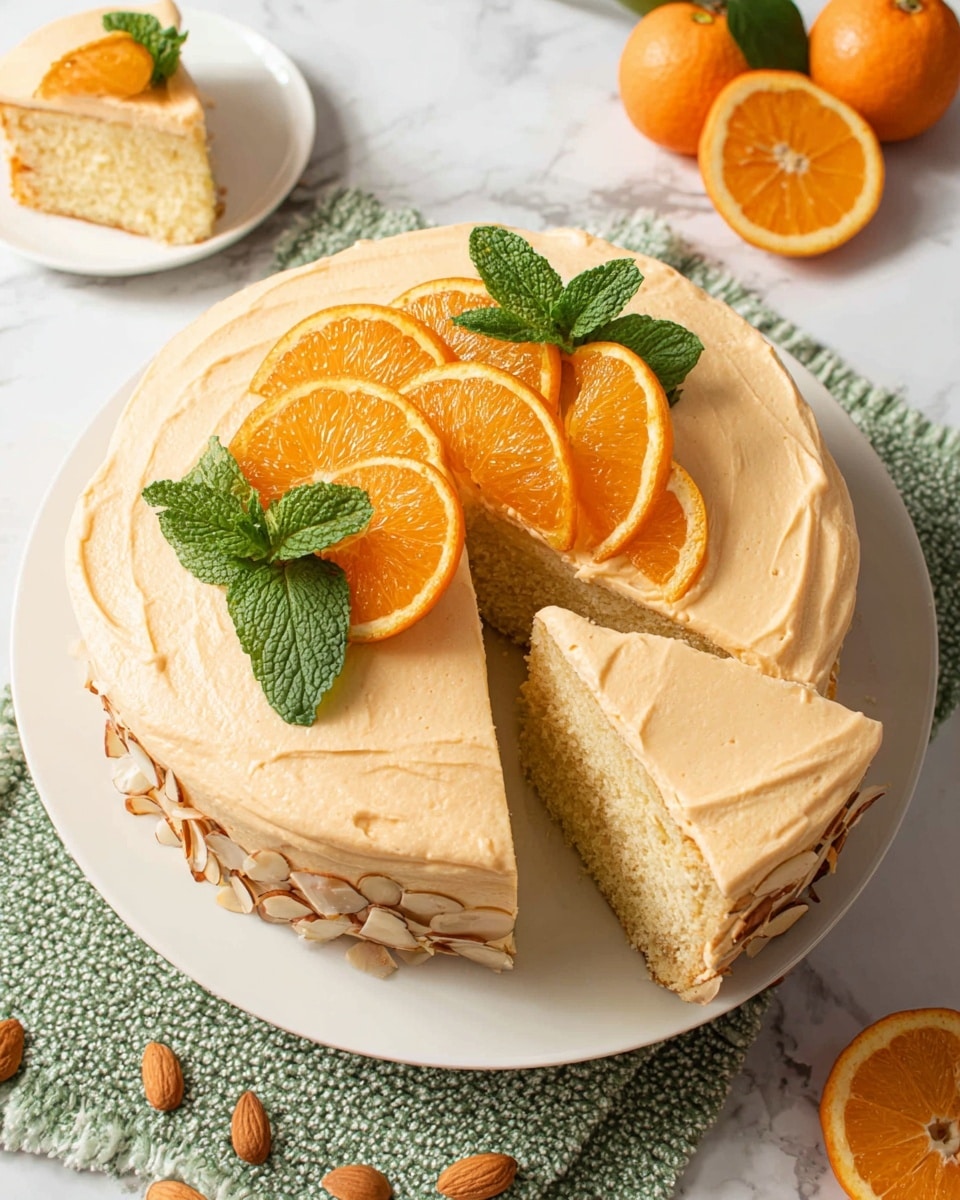 The image shows a slice of two-layer orange cake with light orange frosting between and on top of the layers, placed on a white plate. The frosting is smooth with some almond slices on the edges. The main cake has a soft, moist texture with a light yellow-orange color. Nearby, the edge of the full cake on a white plate is visible with the same frosting and almond decorations along the side, garnished with a small sprig of green mint. Next to the plates, there is a whole orange and a half orange with bright orange flesh, adding fresh color. A small glass bowl filled with mixed sliced almonds rests on a green woven mat. Scattered almonds and almond slices lie on the white marbled surface around the plates. A fork is placed on the edge of the slice plate. The photo taken with an iphone --ar 4:5 --v 7