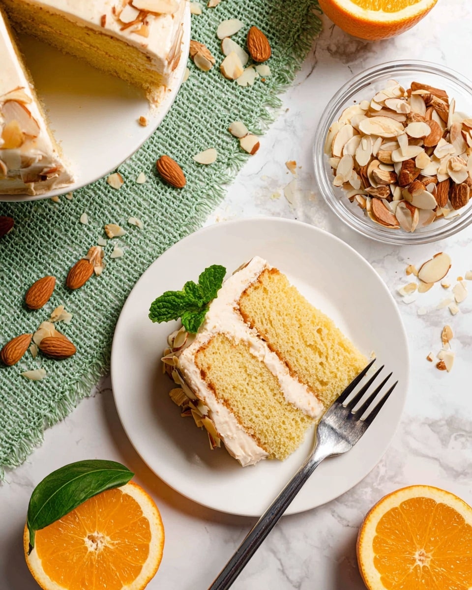 The image shows a two-layer round cake with light orange creamy frosting covering the top and sides, placed on a white plate. The frosting has a smooth but slightly textured look. Around the sides near the base, thin almond slices are pressed into the frosting. At the top center of the cake, there are several bright orange segments arranged in a circle with fresh green mint leaves placed between them for decoration. One slice of cake is taken out and placed leaning against the cake, showing the light yellow sponge inside and the thin layer of frosting between the two layers. The scene is on a white marbled surface with some whole and sliced oranges and a green woven cloth underneath the plate. Photo taken with an iphone --ar 4:5 --v 7
