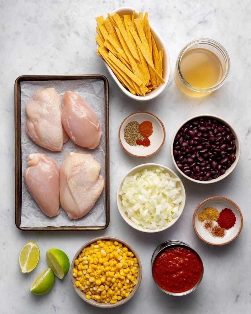 The image shows two raw chicken pieces placed side by side on a baking tray lined with parchment paper, located on the lower left side. Above the tray is a small white bowl filled with thin, long yellow tortilla strips. Around the tray are several bowls: a bowl with dark beans to the mid-right, a bowl of bright yellow corn below it, and a bowl of finely chopped white onions near the bottom. Two open cans of red tomatoes are set near the bottom right corner. A small round dish with mixed spices, including red and brown powders, is placed near the top right. A small glass container of clear liquid and a jar filled with light orange broth are on the top left. Finally, two halves of a lime are positioned near the bottom left corner. All items are arranged on a white marbled surface. Photo taken with an iphone --ar 4:5 --v 7