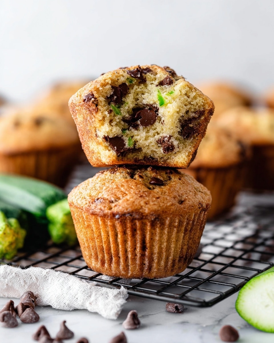 A close-up image showing a stack of two golden-brown muffins with chocolate chips scattered throughout. The top muffin is broken in half, revealing a soft, moist inside with melted chocolate bits and tiny green flecks. The muffins sit on a black cooling rack placed over a white cloth on a white marbled surface. Around them are scattered chocolate chips and small green vegetables that look like zucchini. The background is softly blurred, with more muffins visible, adding depth to the scene. Photo taken with an iphone --ar 4:5 --v 7