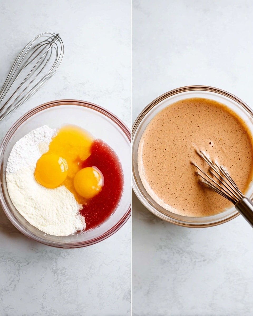 The image shows two clear glass bowls on a white marbled surface. The left bowl contains five separate layers: two raw eggs with bright yellow yolks, a creamy white thick layer, a smooth red liquid layer, a foamy pale yellow layer, and a white powdery layer on top. A metal whisk with a slim handle lies beside the bowl on the surface. The right bowl shows the same mixture fully blended into one light brown, smooth, and slightly bubbly batter, with the metal whisk inside it. Photo taken with an iphone --ar 4:5 --v 7
