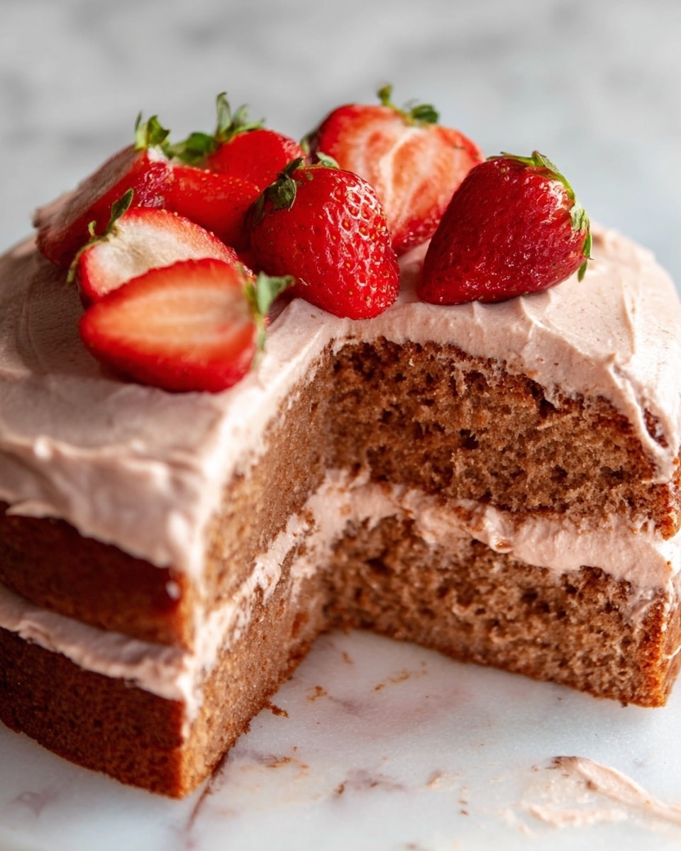 A round cake with two layers is covered in smooth light pink strawberry cream frosting that has small red specks inside. The top of the cake has a swirl of red strawberry sauce spread unevenly, and fresh red strawberry halves with green leaves are neatly placed around the edge and a few on the side. The cake sits on a white plate on a stand with a wooden base, and the surface beneath is a white marbled texture. Photo taken with an iphone --ar 4:5 --v 7