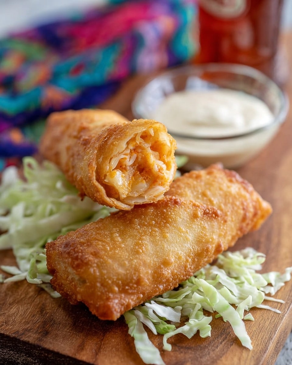 Two golden brown fried rolls are placed on a wooden surface with shredded pale green cabbage on the side. One roll is whole and the other is sliced open on the top, showing an orange filling with small bits of white texture inside. A small transparent bowl with a creamy white sauce is in the background, slightly out of focus. The background shows a blurred colorful cloth and a glass with a red label. Photo taken with an iphone --ar 4:5 --v 7