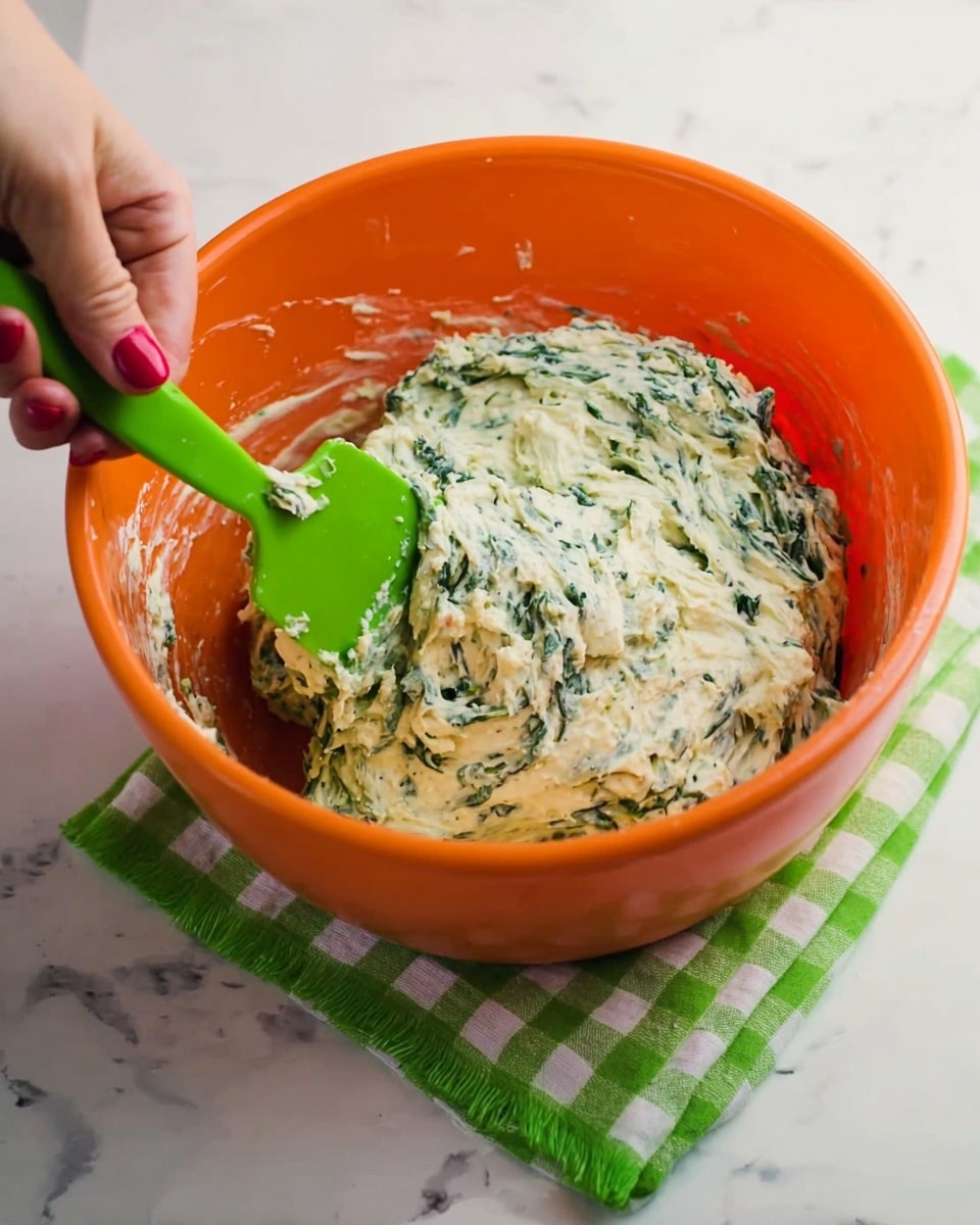 A close-up view of a rectangular aluminum tray filled with a creamy, cheesy spinach dip. The dip has a thick layer of melted white cheese mixed with green spinach leaves spread evenly across the entire tray. A green spatula lifts a scoop from the dip, showing long, stretched strings of melted cheese with visible bits of spinach throughout. The edges of the dip are slightly browned, giving a baked texture to the creamy white and green mixture. The tray sits on a white marbled surface. photo taken with an iphone --ar 4:5 --v 7