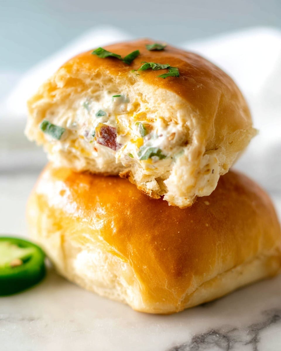 The image shows two golden brown bread rolls stacked on top of each other on a white marbled surface. The top roll is partially open, revealing a creamy white filling mixed with small pieces of green and red, possibly herbs and vegetables. The bread has a shiny, smooth texture with a few small green garnishes on top. A slice of green jalapeno pepper is partially visible on the bottom left. The overall scene is bright with soft natural light, making the bread look fresh and appetizing, photo taken with an iphone --ar 4:5 --v 7