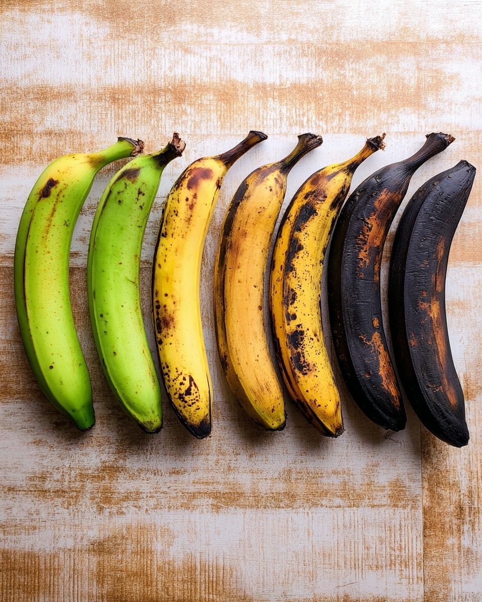 Seven plantains are lined up from left to right on a white marbled surface with wood textures in the background. They show the stages of ripeness starting from a green plantain on the far left, followed by two more plantains that are light green turning to yellow, then two plantains with yellow skin marked by brown spots, and finally two very dark black plantains on the far right. The skin colors range from bright green to yellow to almost fully black, showing a clear progression of ripeness. photo taken with an iphone --ar 4:5 --v 7