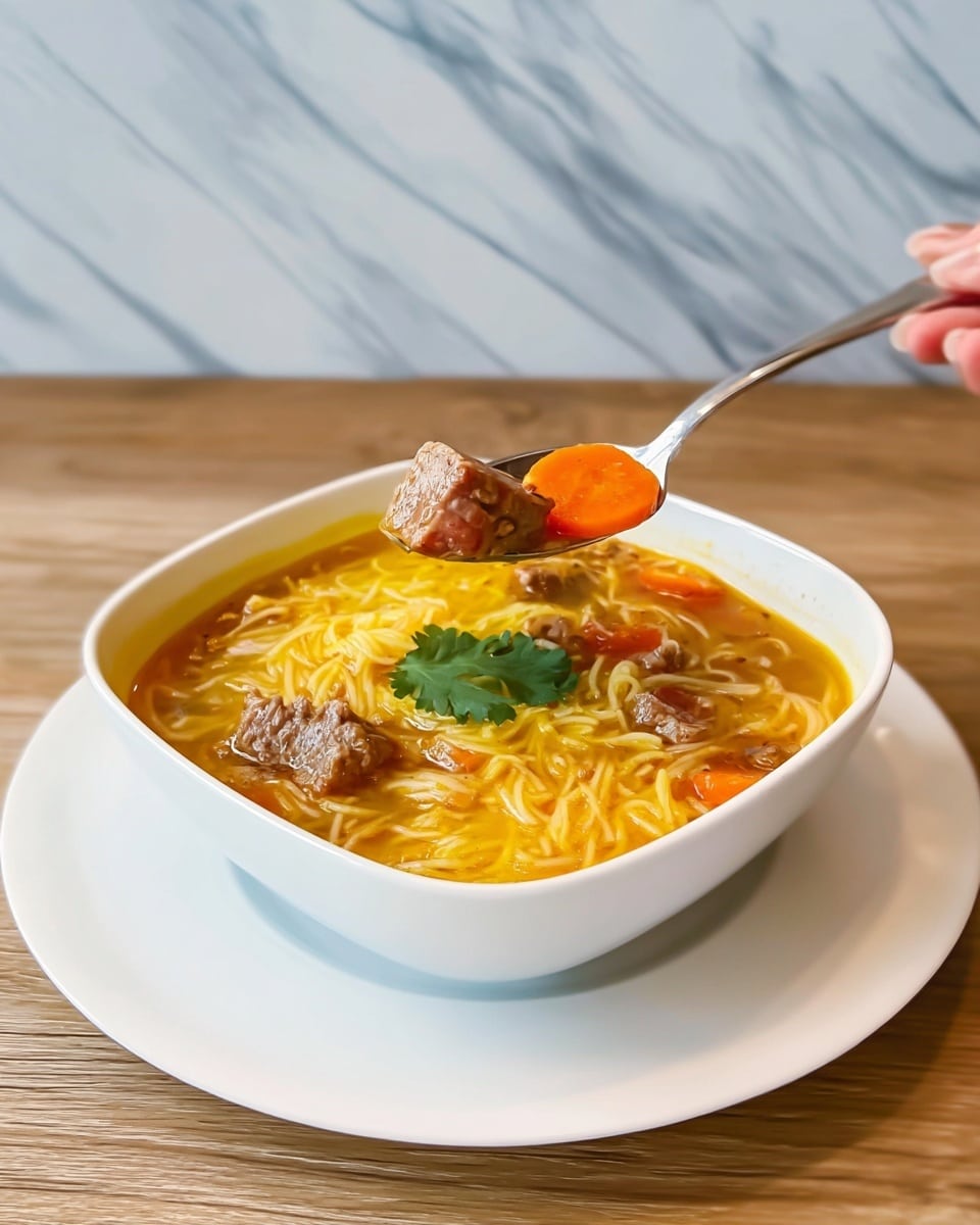 A white square bowl filled with a warm soup featuring yellow broth, thin noodles, and small brown chunks of meat. The soup also contains bright orange carrot pieces. In the center of the bowl, there is a green cilantro leaf garnish. A silver spoon held by a woman's hand is lifting a piece with a cube of meat and a slice of carrot from the bowl. The bowl is placed on a white plate set on a light wooden surface, with a white marbled wall in the background. photo taken with an iphone --ar 4:5 --v 7