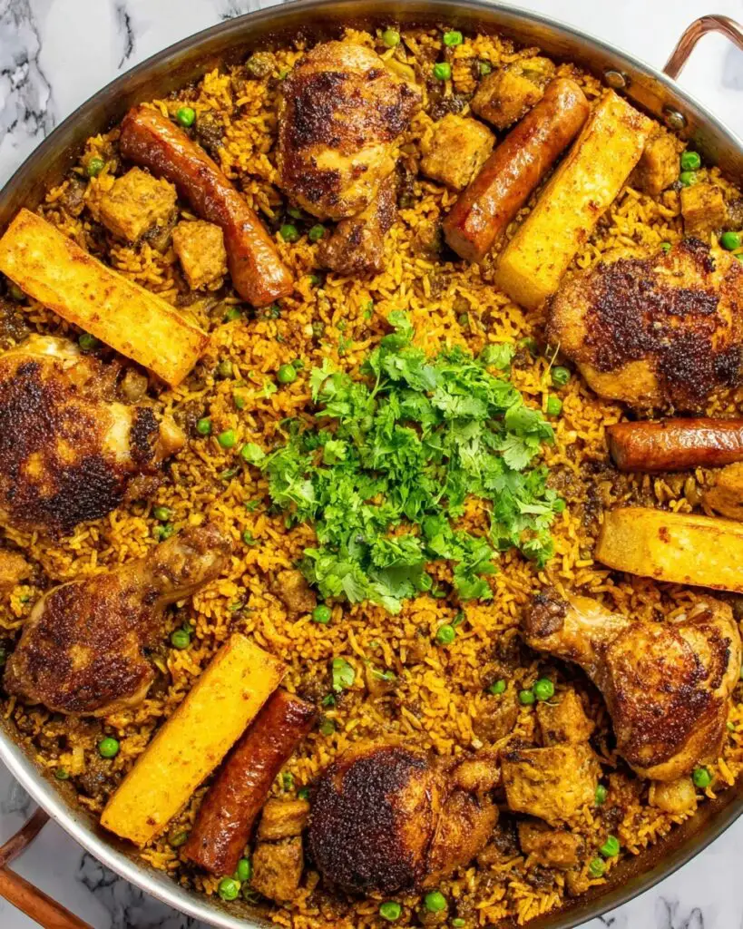 Puerto Rican Chicken Paella with Sausage and Plantain Recipe