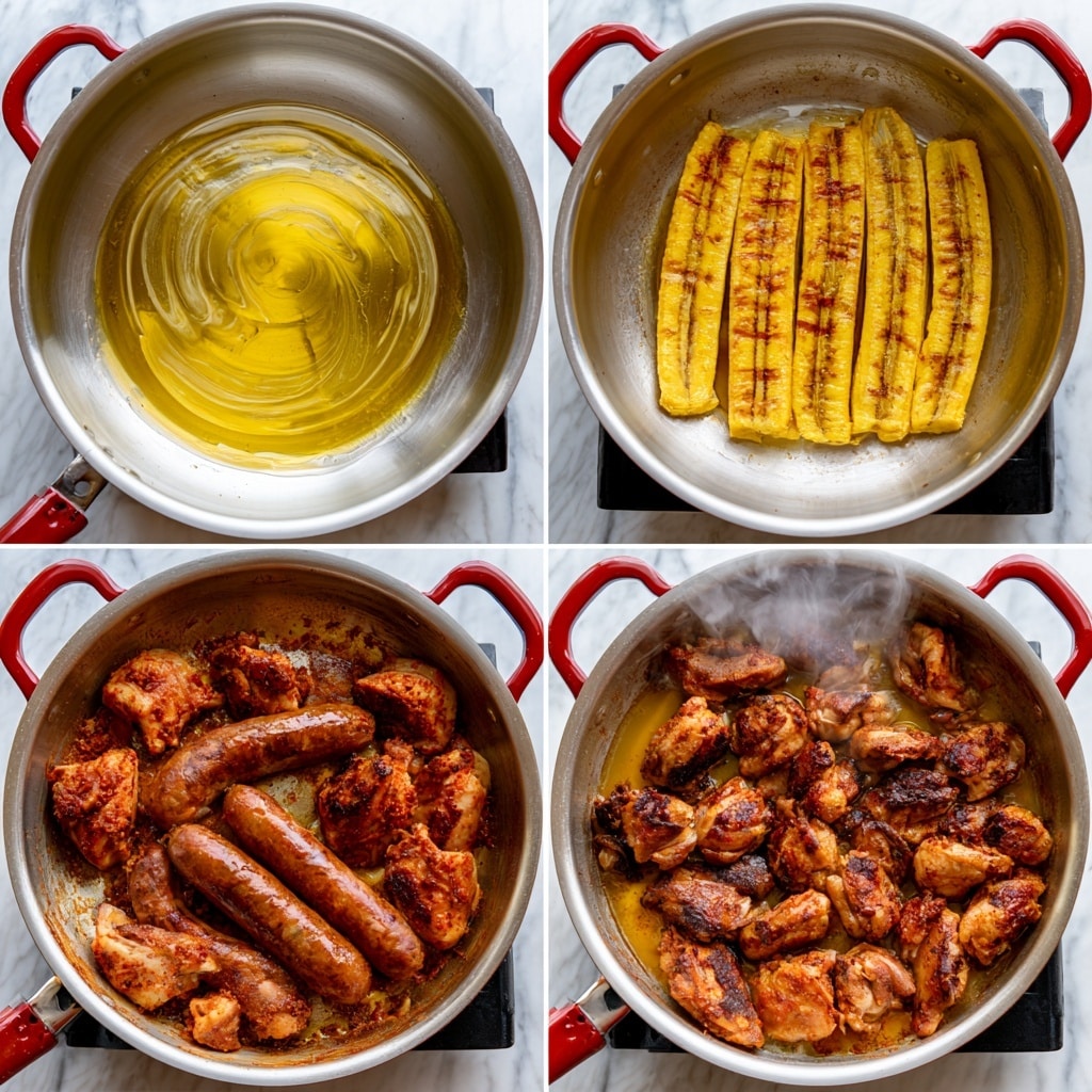 A large silver cooking pan with red handles is shown in a sequence of four steps on a white marbled surface. The first image shows the pan with a swirl of shiny yellow oil spread inside it. In the second image, six yellow plantain strips with brown grill marks lie evenly spaced in the pan on a black stove. The third image displays the pan filled with browned pieces of chicken with reddish seasoning and three thick sausages, all sizzling on the stove. The fourth image shows the same pan now fuller with more browned chicken pieces cooked in the oil, with some steam rising. photo taken with an iphone --ar 4:5 --v 7