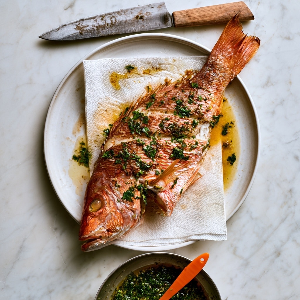 A whole cooked fish with reddish-orange skin lies on a white plate with a paper towel underneath. The fish has green herbs sprinkled on top and some oil or sauce around it. Above the fish, there is a knife with a wooden handle resting on the plate. Below the plate, there is a metal bowl containing a green herb sauce with an orange brush inside. Everything is placed on a white marbled surface. photo taken with an iphone --ar 4:5 --v 7