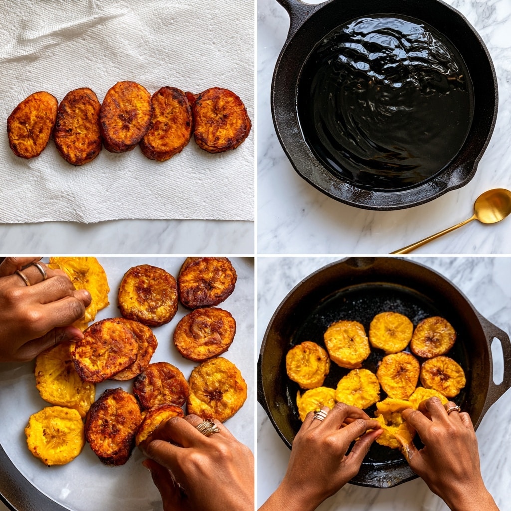The image shows fried plantain slices with three parts: the first part has six golden-brown plantain slices with a slightly crispy texture placed in a row on a white paper towel over a white marbled surface, the second part shows a top view of a black cast-iron pan with shiny black oil inside on a white marbled surface with a small gold spoon beside it, and the third part shows a woman's hands arranging yellow and golden fried plantain slices side by side inside the same black pan on the white marbled surface, the hands adorned with rings, focusing on placing the plantains neatly photo taken with an iphone --ar 4:5 --v 7