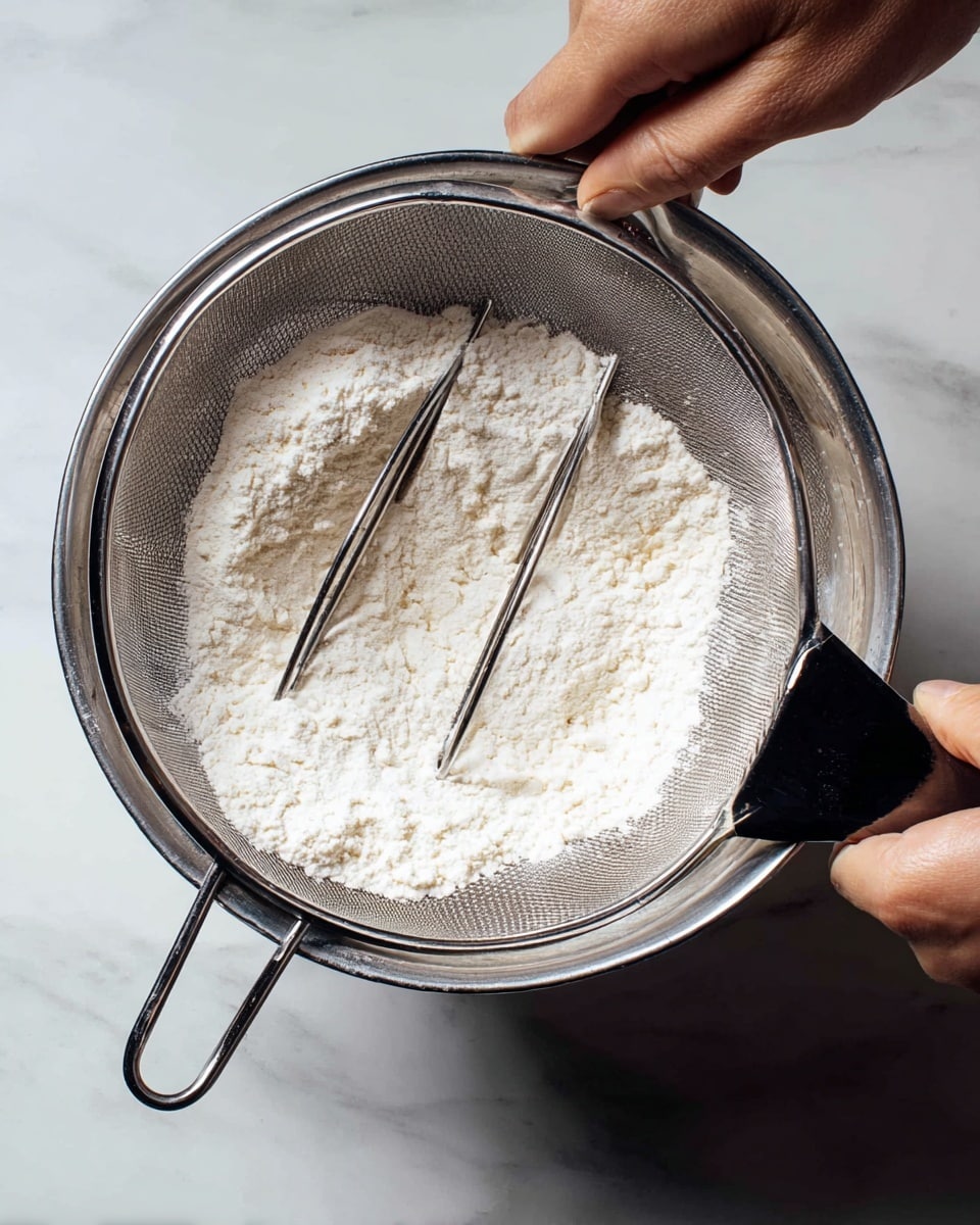 A close-up image showing a woman's hand holding a metal flour sifter filled with fine white flour, with a black handle being turned by another woman's hand; the sifter has a round shape with a mesh bottom and a flat metal section for pushing flour through the mesh, all set against a white marbled surface beneath the sifter. photo taken with an iphone --ar 4:5 --v 7
