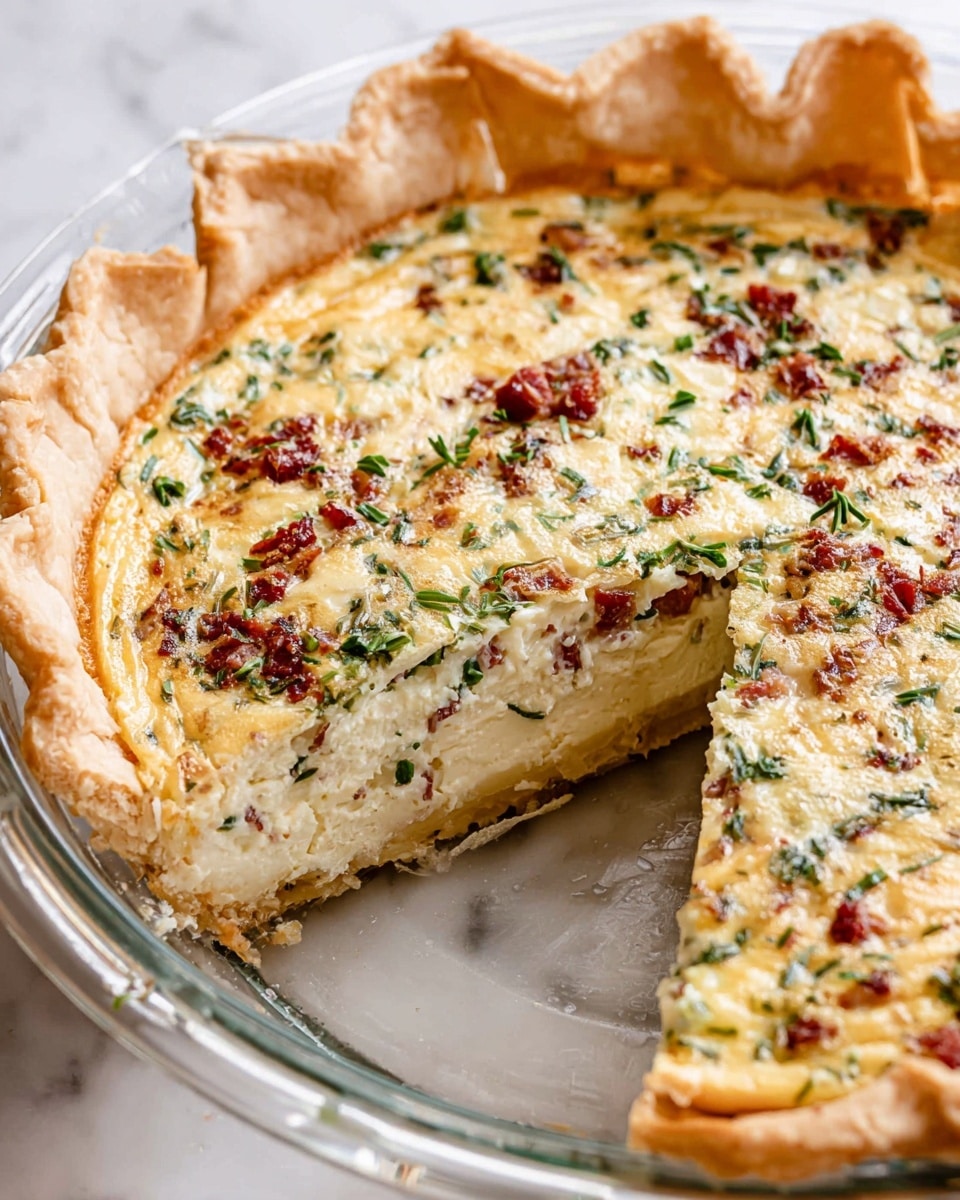 A round pie with a thick, golden-brown crust that is crimped around the edges, filled with a creamy, pale yellow mixture that has visible green herbs sprinkled evenly throughout, along with small pieces of dark red bits scattered on top. The pie rests on a clear glass pie dish placed on a white marbled surface. Photo taken with an iphone --ar 4:5 --v 7