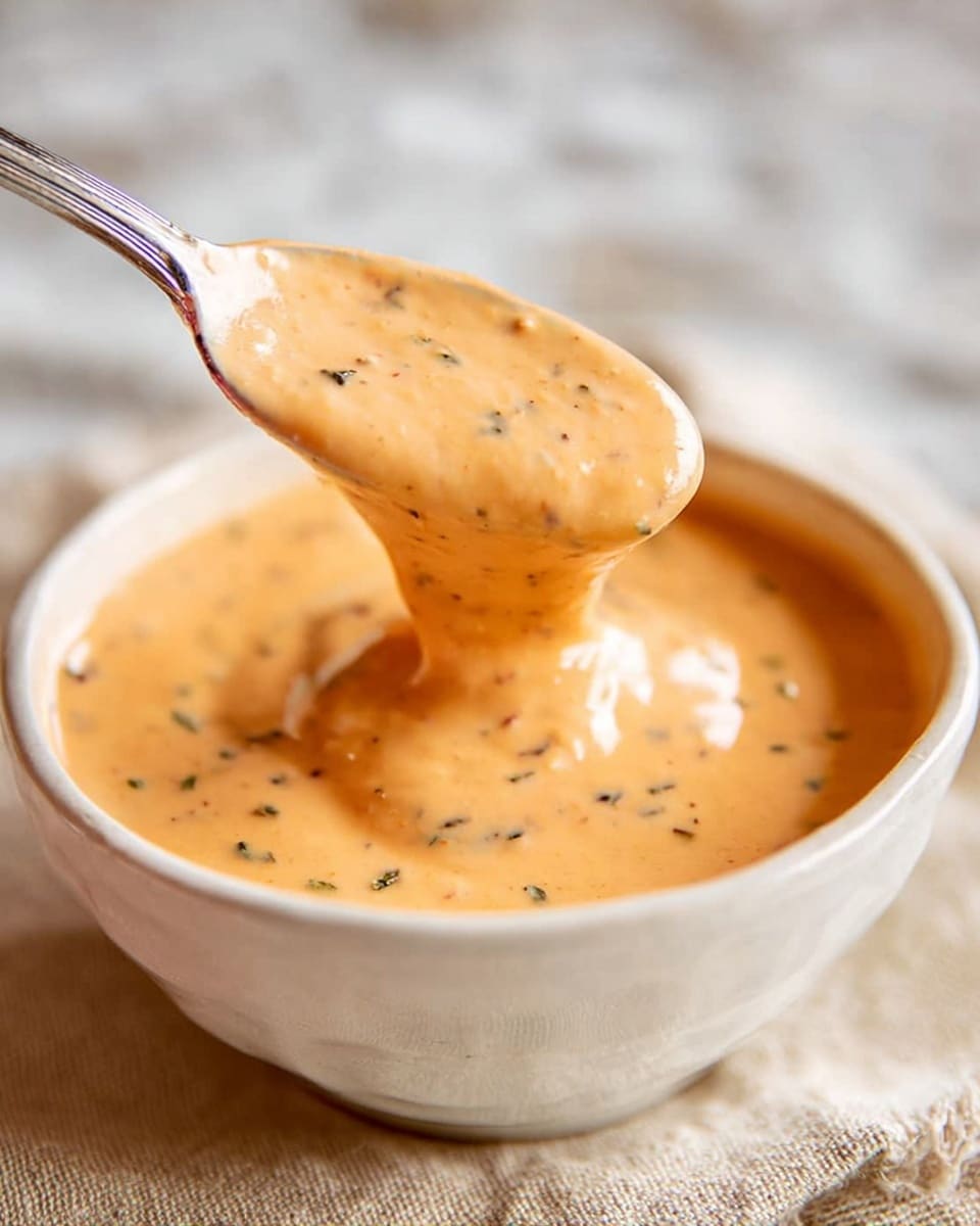 A close-up of a white bowl filled with creamy light orange sauce with small green and black herb specks mixed in. A silver spoon is scooping some sauce from the bowl, showing its smooth and thick texture. The bowl is placed on a soft beige cloth, all set against a white marbled surface. The lighting highlights the glossy surface of the sauce, making it look rich and fresh. photo taken with an iphone --ar 4:5 --v 7