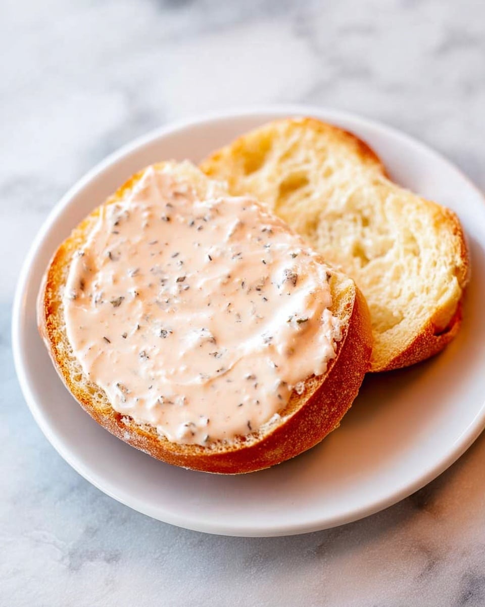 A close-up view of a white bowl filled with a creamy, light orange sauce with small black and red specks spread evenly throughout. The sauce has a smooth, thick texture with gentle swirls on the surface, showing a glossy finish that catches light softly. The bowl is placed on a white marbled surface with a white textured cloth underneath, creating a clean and simple setting. Photo taken with an iphone --ar 4:5 --v 7