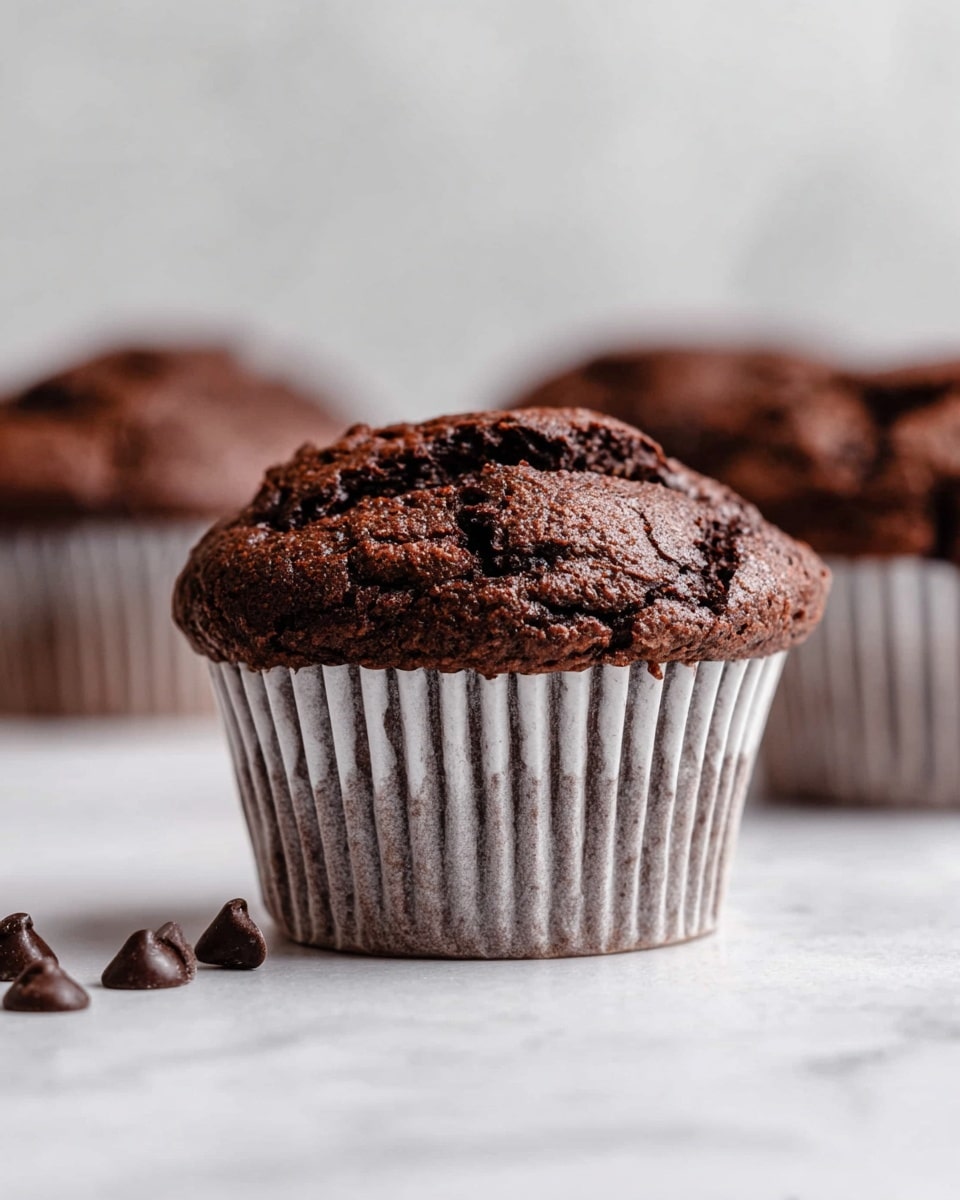 A black muffin tray contains six dark brown chocolate muffins with cracked, textured tops that show rich, moist interiors. One muffin in the tray is split open, revealing a dense, chocolatey inside with chunks that hint at melted chocolate. Around the tray, several whole muffins rest on a white marbled surface, with scattered chocolate crumbs adding to the natural, casual look. On the right side, a stack of white muffin liners lies on the marble. The overall scene is bright with soft shadows, focusing on the rich color and texture of the chocolate muffins photo taken with an iphone --ar 4:5 --v 7
